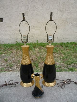 Vintage 1950s Savoy Hollywood Regency Lamp Pair Black 24 Karat Gold Ceramic Vase