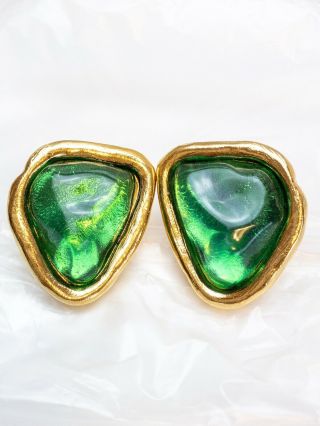 Authentic Ysl Yves Saint Laurent Emerald Green Poured Resin Earrings Vintage