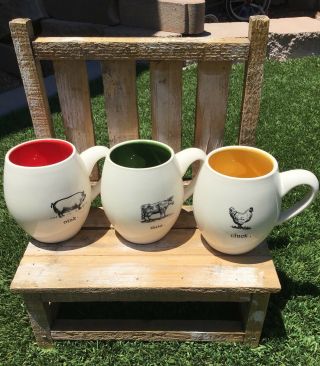 Rare Set Of 3 M Stamped Vintage Farmline Rae Dunn Colored Mugs Oink Moo Cluck