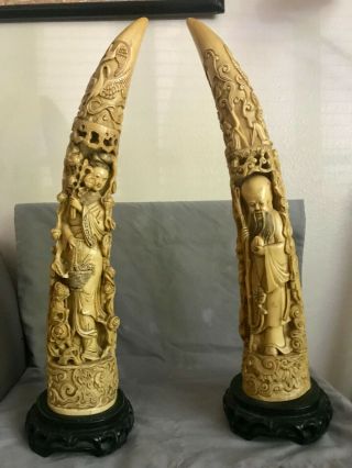 Vintage Carved Resin Tusk Asian Oriental Figurine Sculpture Set Wood Base