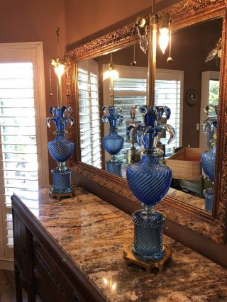 Rare Pair Vintage Murano Blue Venetian Glass Lamps Marbro,  43 1/2 Tall 20 Lbs Ea