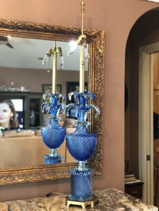 RARE Pair VINTAGE MURANO Blue Venetian GLASS LAMPS MARBRO,  43 1/2 Tall 20 Lbs Ea 2