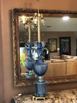 RARE Pair VINTAGE MURANO Blue Venetian GLASS LAMPS MARBRO,  43 1/2 Tall 20 Lbs Ea 3