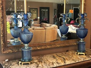 RARE Pair VINTAGE MURANO Blue Venetian GLASS LAMPS MARBRO,  43 1/2 Tall 20 Lbs Ea 4