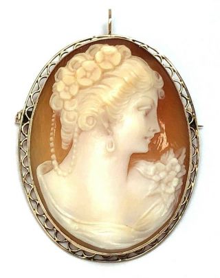 Signed Antique 10k Gold & Hand - Carved Carnelian Shell Cameo Filigree Brooch