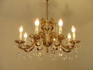 Brass French Crystal Chandelier Vintage Lamp Old Antique 8 Lights Heart Shape