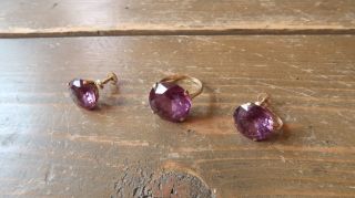 Huge Antique 14k Yellow Gold Large Purple Sapphire Cocktail Ring And Earring Set