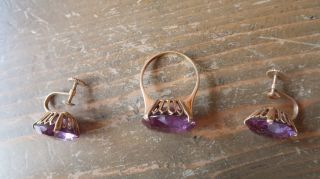 HUGE Antique 14k Yellow Gold Large Purple Sapphire Cocktail Ring and Earring Set 3