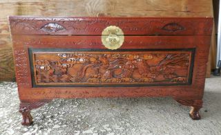 Vintage Carved Dragon Oriental Asian Trunk Wood Blanket Storage Chest Table