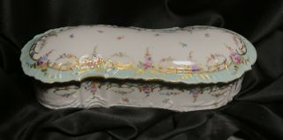 Large Heavy Vintage Rk Crown Dresden Porcelain Box With Flowers And Gold Accents