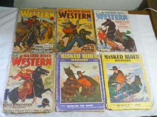 6 Vintage Masked Rider Western Pulp Magazines 1944 & 1951 Thrilling Publication