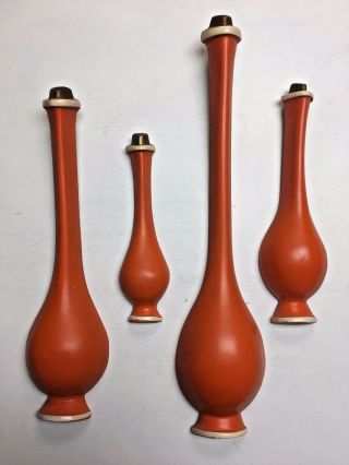 Vintage Vtg Mid Century Modern Wall Decor Set Of 4 Wooden Orange Vases Decanters