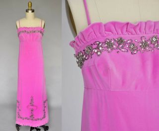 Vtg 60s Dark Pink Velvet Diana Ross Supremes Sleeveless Mod Concert Gown Dress S
