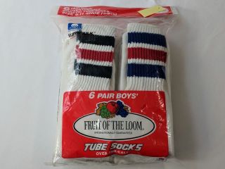 Vintage Fruit Of The Loom Striped Tube Socks 6 Pairs Boys 9 - 11 Old Stock 80s