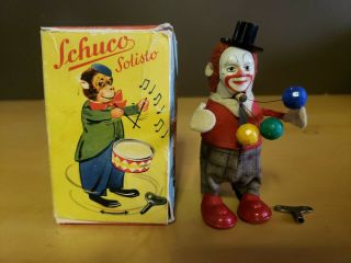 Vintage Schuco Wind Up Clown Juggler Toy Germany 4.  5 " W/key & Box Rare