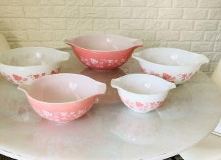 Pyrex Pink Gooseberry Cinderella Mixing Bowls 5 Vintage