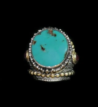 Vintage Silver And Turquoise Ring Size 10from Nagaland India With Two Rubies