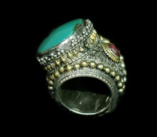 vintage silver and turquoise ring size 10from Nagaland India with two rubies 2