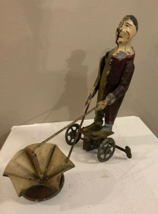 Very Rare Very Early Tin Gunthermann Litho Wind Up Circus Clown On Wheels 2