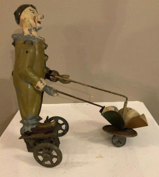 Very Rare Very Early Tin Gunthermann Litho Wind Up Circus Clown On Wheels 4