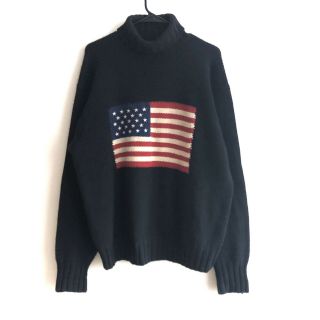 Vtg Polo Ralph Lauren Cashmere Knit Sweater American Flag Turtleneck Mens Sz L
