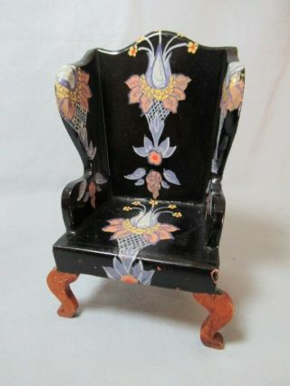 Vintage All Wood Tynietoy Wing Back Chair Black W Stylized Floral Logo Stamp