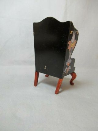 Vintage all wood Tynietoy Wing back chair Black w stylized floral Logo stamp 2