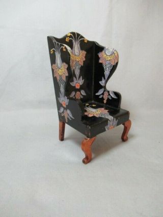 Vintage all wood Tynietoy Wing back chair Black w stylized floral Logo stamp 3