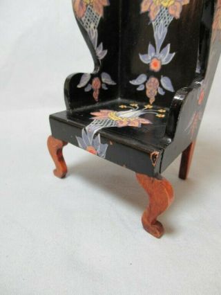 Vintage all wood Tynietoy Wing back chair Black w stylized floral Logo stamp 5