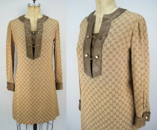 Rare Vintage 70s Gucci Logo Shift Dress With Leather Trim And Hardware Accents