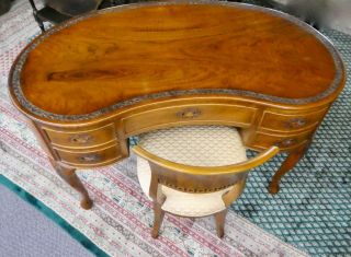 Vintage Kidney - Shaped Desk W/rosewood Top,  Foliate Carvings,  Curved Chair.