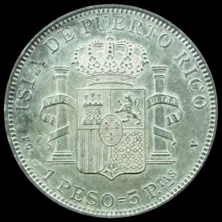 1895 Puerto Rico Peso,  Rare,  Sharp Detail Luster