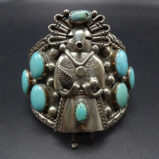 Spectacular Vintage Navajo Sterling Silver Turquoise Kachina Cuff Bracelet 88g