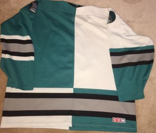 Rare Vintage 1991 San Jose Sharks Split Teal White CCM Jersey XL NHL Hockey 4