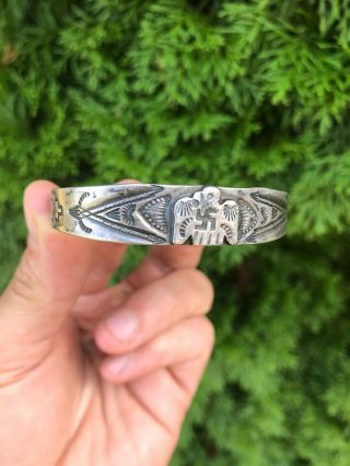 Vintage Navajo Silver Cuff Bracelet Whirling Log Bird Stamped Sterling Coin