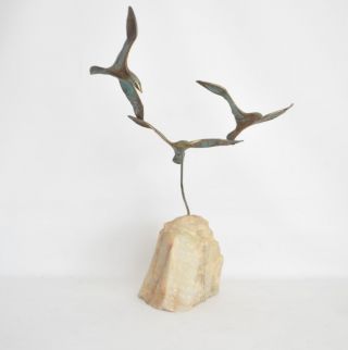 Jere Vtg Mid Century Modern Brass Stone Birds In Flight Seagull Table Sculpture 2