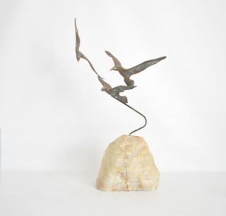 Jere Vtg Mid Century Modern Brass Stone Birds In Flight Seagull Table Sculpture 5