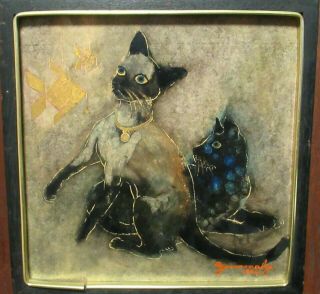 Yawamalya Two Cats Vintage Small Acrylic On Board Painting Signed Dated 1974