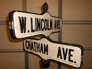 Vintage Metal Street Sign Post Top Cross Street,  W Lincoln & Chatham Ave,  Double