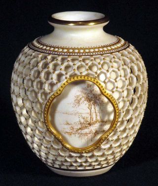 1931 Rare Royal Worcester Double Walled Reticulated Vase George Owen Gilded