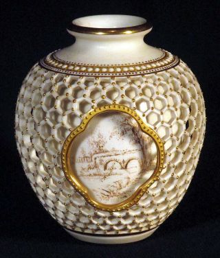 1931 Rare ROYAL WORCESTER Double Walled Reticulated Vase GEORGE OWEN Gilded 2