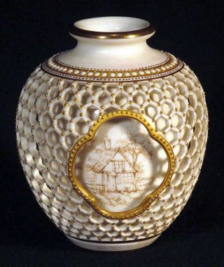 1931 Rare ROYAL WORCESTER Double Walled Reticulated Vase GEORGE OWEN Gilded 3