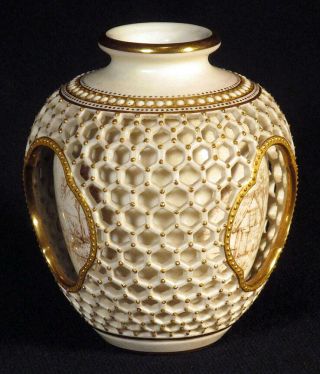 1931 Rare ROYAL WORCESTER Double Walled Reticulated Vase GEORGE OWEN Gilded 4