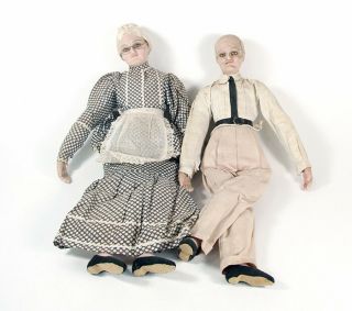 Pair Antique 20 " Wax Dolls Grandma Grandpa Elderly Couple Vintage Old Man Woman