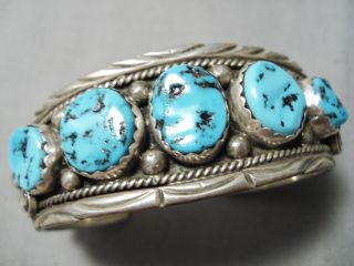 Incredible Vintage Navajo Huge Turquoise Stone Sterling Silver Bracelet Old