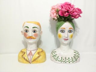 Vintage Large Horchow Italian Ceramic Women & Man Pair Bust Head Vase Planters
