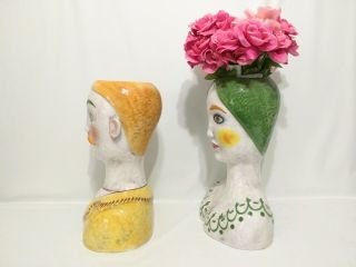 Vintage Large Horchow Italian Ceramic Women & Man Pair Bust Head Vase Planters 8