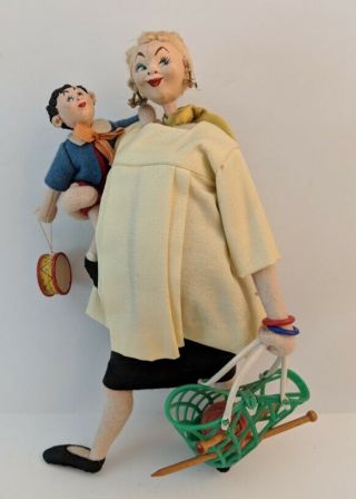 Vintage Klumpe Roldan Doll Pregnant Woman W/child And Knitting Basket Rare