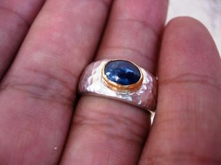 24k Ancient Hand Made Hammered Silver Ring & Sapphire