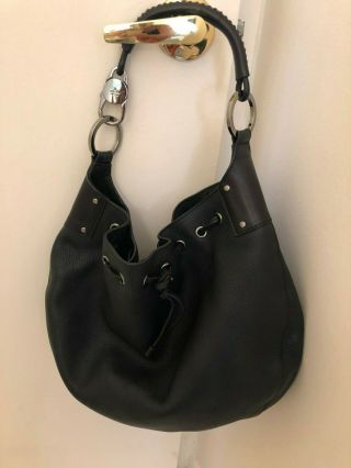 Vintage Gucci Black Leather Drawstring/shoulder Bag